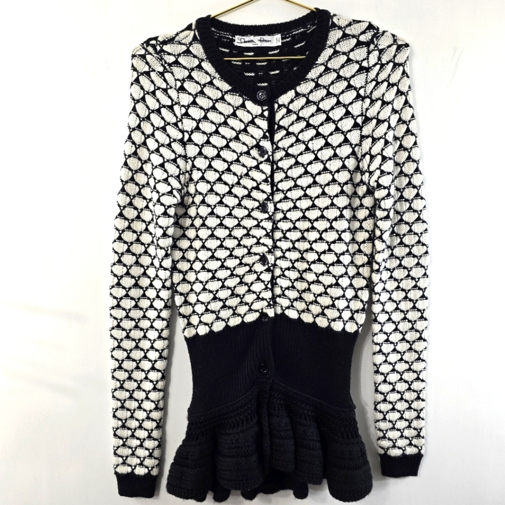 Christian Dior Wool Cardigan Peplum Flounce Crochet Tunic Longline DEADSTOCK NEW